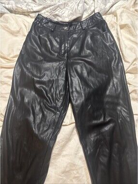 Forever 21 Size S Faux Black Leather Ankle Slit Long Straight Leg Pants